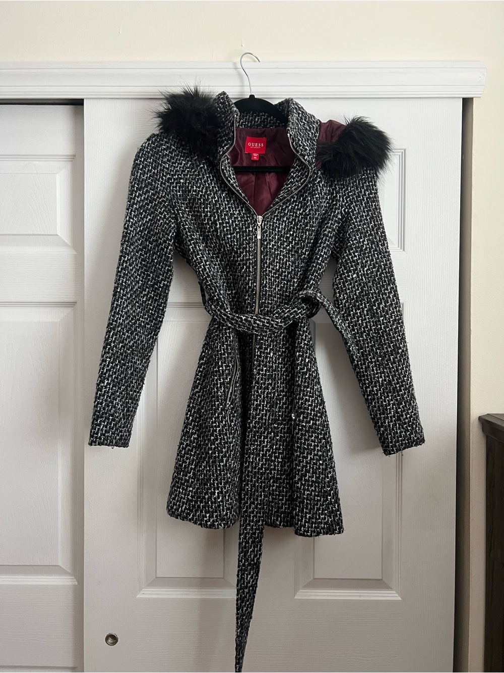 GUESS Black & White Tweed Belted Trench Coat with Faux Fur Trim